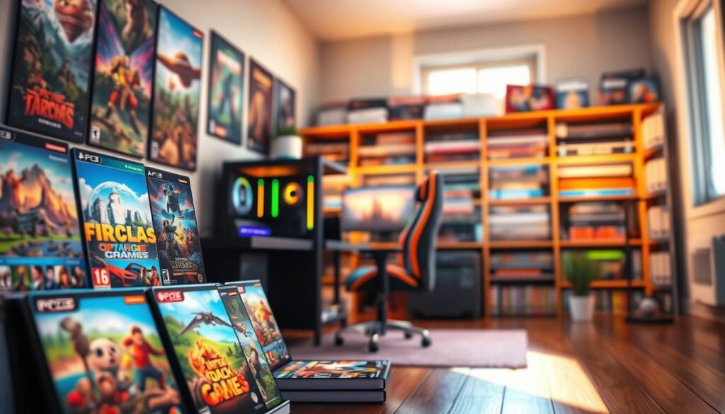 A vibrant and engaging digital artwork depicting a selection of popular gaming titles suitable for players with limited time. In the foreground, showcase colorful game cover art featuring key elements like fantastical landscapes, iconic characters, and action-packed scenes. In the middle, depict a cozy gaming setup with a high-end PC, gaming chair, and ambient LED lighting that creates a warm, inviting atmosphere. In the background, illustrate a softly blurred gaming library filled with shelves of various video game boxes. Use natural lighting from a window to cast gentle shadows, adding depth to the scene. Convey a sense of excitement and accessibility, inviting gamers to discover quick yet satisfying gaming experiences. Include the brand "tylkommo.pl" subtly integrated into the design.