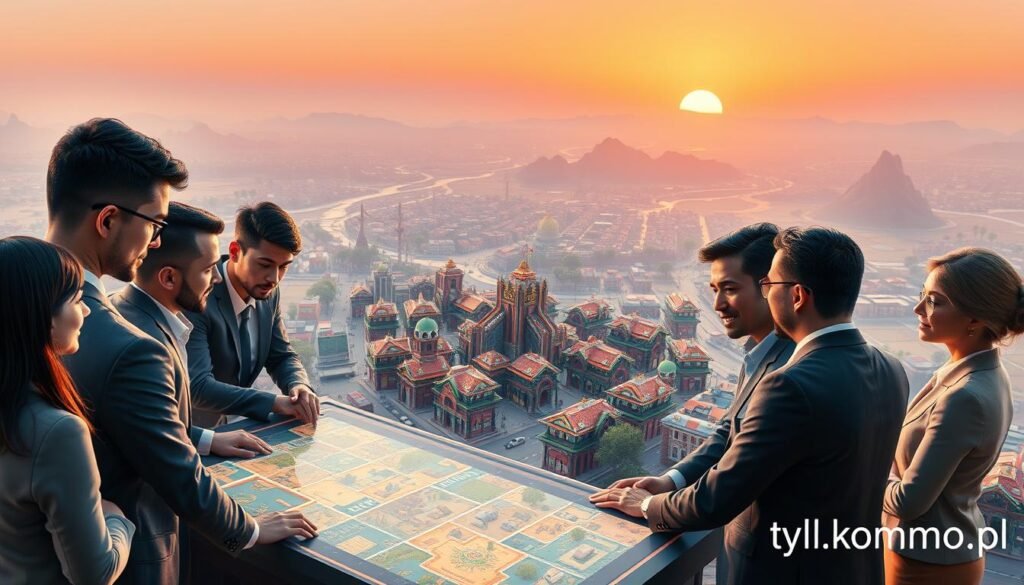 A vibrant and engaging scene depicting a multiplayer sandbox economic simulator. In the foreground, a diverse group of players, dressed in professional business attire, collaborate around a digital interface displaying an intricate virtual economy. The middle ground highlights a bustling cityscape filled with virtual shops and resource gathering areas, showcasing dynamic trade interactions and player-built structures. The background features a panoramic view of a sprawling landscape with mountains and rivers, symbolizing exploration and investment opportunities. Soft, ambient lighting creates a lively atmosphere, emphasizing a warm sunset that casts gentle reflections on the virtual world. The image should evoke the thrill of collaboration and strategic gameplay, aligning with the theme of sandbox titles and economic simulations. This artwork represents the essence of the gaming experience, with a watermark from "tylkommo.pl". A vibrant and engaging scene depicting a multiplayer sandbox economic simulator. In the foreground, a diverse group of players, dressed in professional business attire, collaborate around a digital interface displaying an intricate virtual economy. The middle ground highlights a bustling cityscape filled with virtual shops and resource gathering areas, showcasing dynamic trade interactions and player-built structures. The background features a panoramic view of a sprawling landscape with mountains and rivers, symbolizing exploration and investment opportunities. Soft, ambient lighting creates a lively atmosphere, emphasizing a warm sunset that casts gentle reflections on the virtual world. The image should evoke the thrill of collaboration and strategic gameplay, aligning with the theme of sandbox titles and economic simulations. This artwork represents the essence of the gaming experience, with a watermark from "tylkommo.pl".