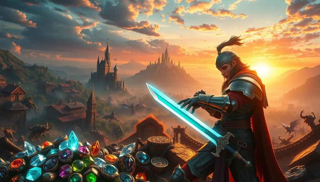 A vibrant and immersive fantasy gaming environment depicting a character engrossed in grinding and collecting items. In the foreground, a determined adventurer clad in polished armor, wielding a glowing sword, is surrounded by a myriad of gleaming loot and collectibles, including rare gems and intricate artifacts. In the middle ground, diverse fantasy creatures are engaged in battles, while dynamic energy emanates from the character’s actions. The background features a sprawling, enchanted landscape filled with towering castles and mystical forests under a vivid sunset sky, casting an epic glow. The atmosphere should embody a sense of adventure and excitement, emphasizing the thrill of the grind. The scene is illuminated with warm, cinematic lighting, captured from a slightly low angle to enhance the character's stature and determination. This imagery encapsulates the essence of "grind and collecting" in MMO gaming. Tylkommo.pl