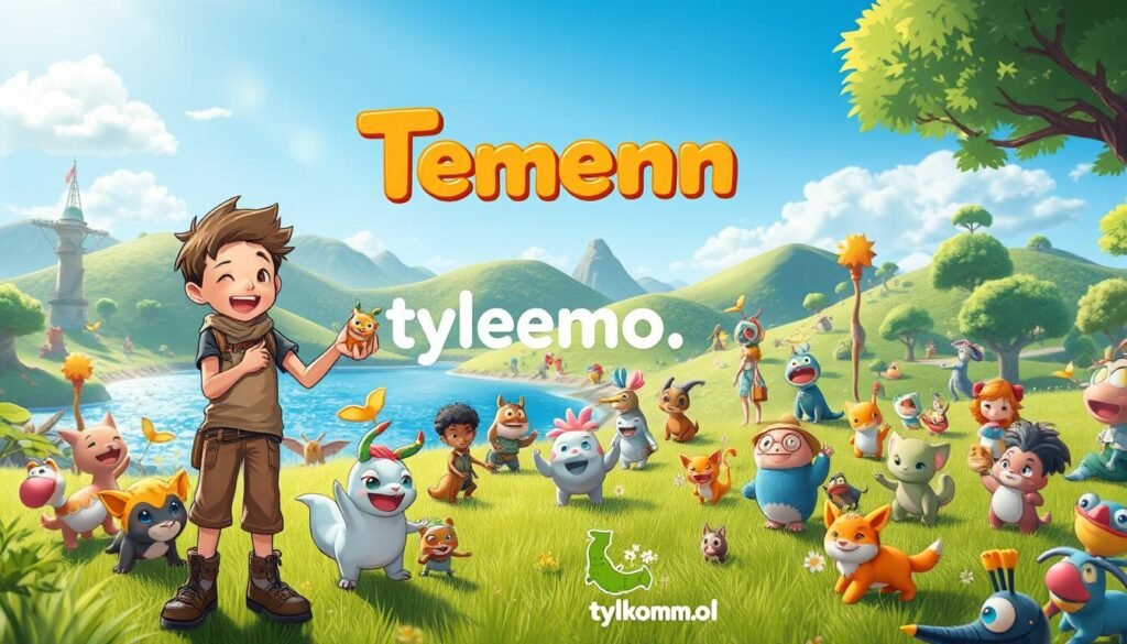 A vibrant, colorful scene depicting a fantasy landscape inspired by "Temtem," filled with a diverse array of whimsical creatures in various shapes and sizes. In the foreground, a cheerful character in modest casual clothing stands, excitedly interacting with a small Temtem creature. In the middle ground, other Temtem roam freely, showcasing their unique designs, while a few more characters with different Capturing Gear enthusiastically explore the area. The background features lush hills and sparkling water under a bright blue sky, creating a lively and adventurous atmosphere. Sunlight filters through the trees, casting playful shadows across the terrain. The overall mood is one of joy and exploration, encapsulating the spirit of creature collection. The brand name "tylkommo.pl" subtly appears in the scenery, harmonizing with the enchanting themes of the game.