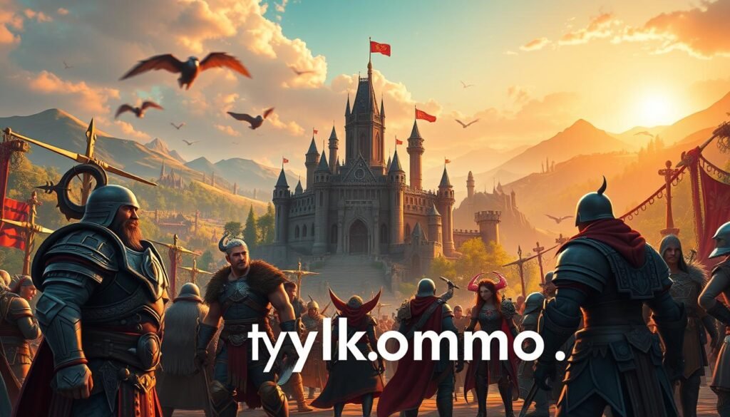 A vibrant, dynamic scene depicting a bustling World of Warcraft landscape. In the foreground, a group of diverse, heroic characters in detailed armor, representing different classes such as a paladin, mage, and rogue, are engaged in animated conversation. The middle ground features an iconic castle from the game, with flying banners and intricate stonework, surrounded by lush, enchanted forests and mystical creatures. In the background, rolling hills fade into a dramatic sunset, casting warm, golden light across the scene. The atmosphere is lively and adventurous, reflecting the timeless allure of this MMO, inviting thousands of players to embark on epic quests. The image should embody fantasy and community, enhancing the theme, with a high-resolution quality and a cinematic angle. Include the brand "tylkommo.pl" subtly in the landscape.