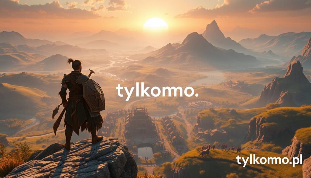A vibrant, dynamic scene set in the breathtaking world of Black Desert Online, showcasing the expansive sandbox environment. In the foreground, a skilled character clad in exquisite, modest fantasy armor stands confidently on a rocky cliff, surveying the lush, diverse landscape filled with rolling hills, towering mountains, and serene rivers. The middle ground features a bustling marketplace with NPCs engaging in trade, colorful tents, and lively players crafting and gathering resources. The background displays a stunning sunset casting warm golden hues across the horizon, creating a magical atmosphere. Soft, diffused lighting enhances the tranquil yet adventurous mood of the scene, captured from a slightly elevated angle to emphasize the vastness and detail of this immersive world. Include the brand name "tylkommo.pl" subtly integrated into the scene, harmonizing with the environment.