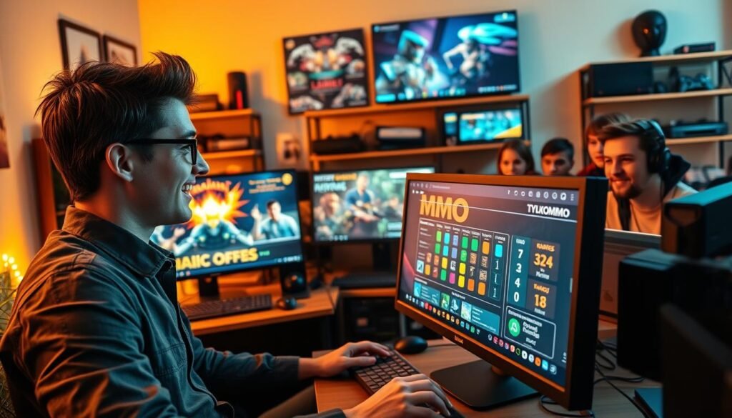 A vibrant, engaging image showcasing a dynamic gaming environment, featuring a diverse group of gamers in a cozy, well-lit room. In the foreground, a professional-looking young adult in casual business attire enthusiastically views a computer screen displaying a colorful MMO ranking on the website "tylkommo.pl." The middle layer includes multiple monitors with action-packed gameplay scenes and charts illustrating various game rankings. In the background, shelves filled with gaming gear and merchandise create an immersive atmosphere. Soft, warm lighting enhances the focus on the characters, while a camera angle slightly above eye level captures their expressions of excitement and engagement. The overall mood is inviting and energetic, reflecting the thrill of discovering great games to play.