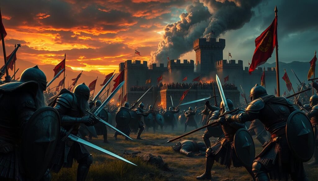 A vibrant fantasy battleground scene set in a Dark Age landscape, showcasing a chaotic conflict between three distinct realms. In the foreground, armored warriors wielding swords and shields engage in fierce combat, their expressions fierce and focused, clad in richly detailed, period-appropriate armor. In the middle ground, various players strategize behind large stone walls adorned with battle banners, their attire reflecting the heroic aesthetics of the game. The background reveals a castle under siege, smoke rising against a dusky sky illuminated by a fiery sunset, casting dramatic shadows across the terrain. The atmosphere is tense and electric, capturing the essence of a pivotal battle in the realm. Use warm lighting to highlight the intensity of the scene, aiming for a cinematic angle that enhances the action and depth of the environment.