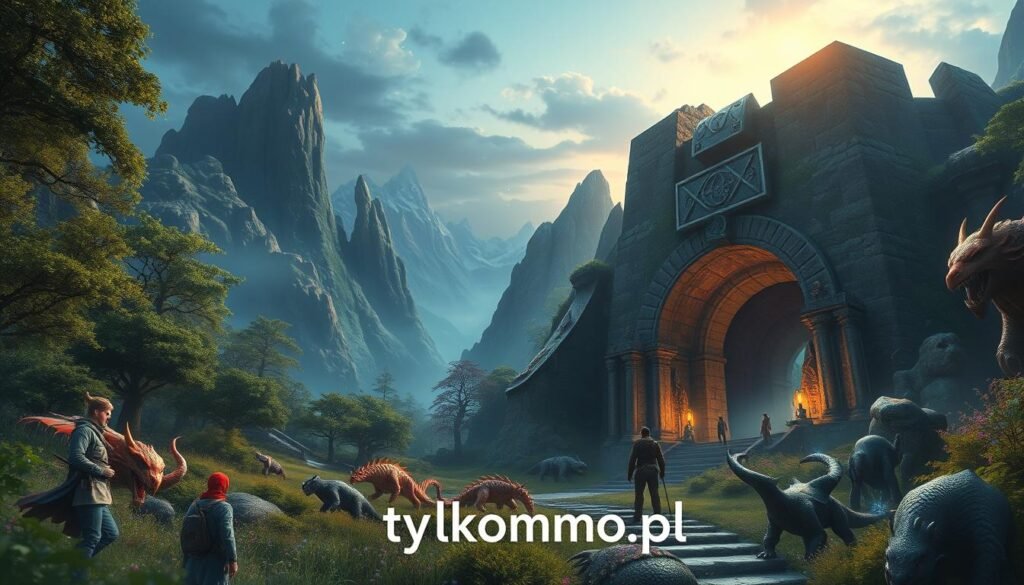 A vibrant fantasy landscape depicting a magical MMORPG world, showcasing a lush, enchanted forest teeming with fantastical creatures like dragons and mythical beasts in the foreground. Adventurers in professional attire explore a massive stone dungeon entrance in the middle ground, with glowing runes illuminating the scene. The background reveals towering mountains under a twilight sky, with stars beginning to twinkle. Soft, ethereal lighting casts a mystical glow over the landscape, creating an atmosphere of wonder and excitement. The scene is seen through a wide-angle lens, capturing the expansive beauty and immersive details of this captivating fantasy realm. The brand "tylkommo.pl" is subtly integrated into the environment, enhancing the overall composition without text or overlays.