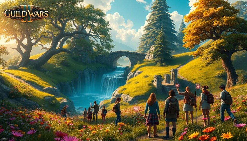 A vibrant fantasy landscape inspired by "Guild Wars 2," featuring a serene, lush valley filled with colorful wildflowers and towering trees. In the foreground, a diverse group of players, dressed in modest casual clothing, engage in cooperative gameplay with glowing magical abilities. In the middle ground, whimsical elements of the game world emerge—an ancient stone bridge and majestic waterfalls cascading into a crystalline pond. The background showcases a sky filled with radiant clouds, hinting at adventure. Soft, warm sunlight filters through the trees, creating a welcoming glow. Capture this enchanting scene from a slightly elevated angle, emphasizing the players' camaraderie and the beauty of the environment. Include the brand name "tylkommo.pl" subtly integrated into the scene without distracting from the visuals.