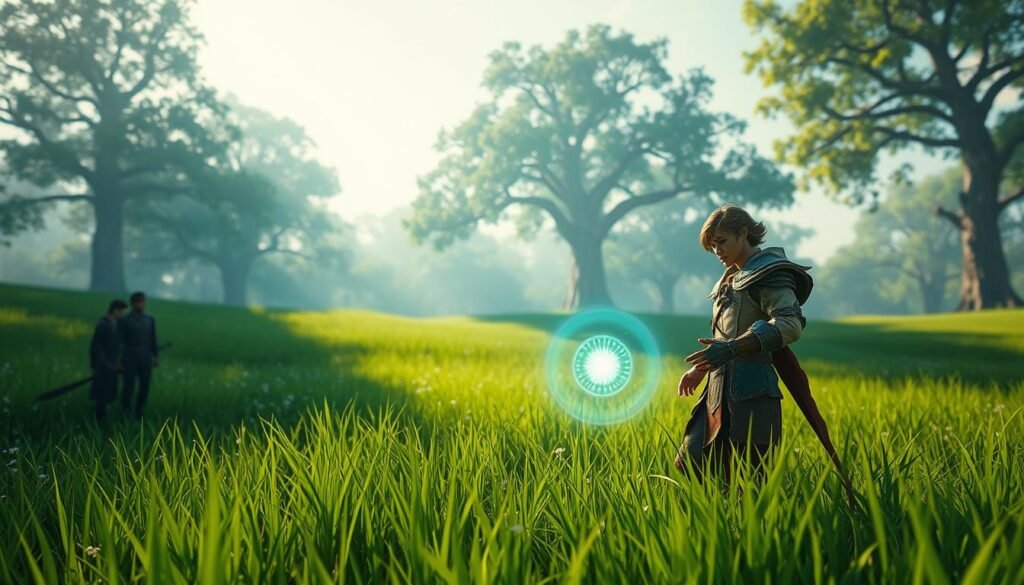 A vibrant fantasy landscape inspired by the world of Aion Classic, showcasing a lush green meadow with towering trees in the background. In the foreground, a player character wearing modest fantasy armor is engaging with a mystical glowing orb, symbolizing skill leveling. The character's expression is one of focus and determination, highlighting the journey of progression. Soft, ethereal lighting filters through the trees, creating a warm, inviting atmosphere. In the mid-ground, faint silhouettes of other players can be seen working together, emphasizing the cooperative aspect of leveling. The overall mood is uplifting and adventurous, capturing the essence of exploration and personal growth in a game setting. Use a wide angle to enhance the expansive environment, ensuring the details of the character and interactions are clear and engaging.