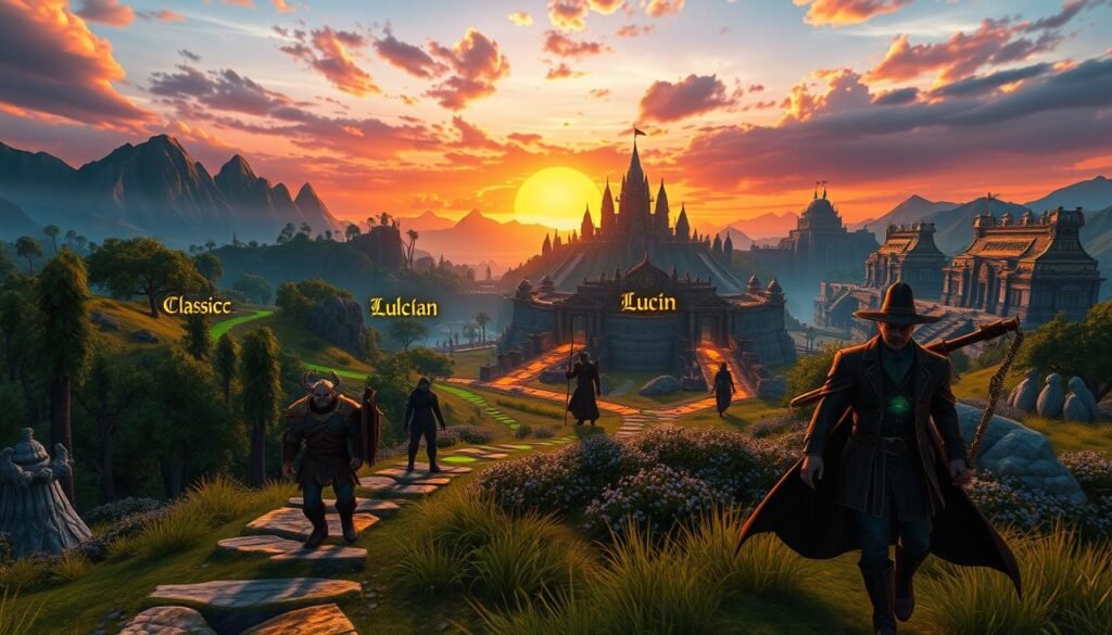 A vibrant fantasy landscape showcasing the "leveling route zones" of EverQuest, transitioning from Classic to Luclin and then to Planes of Power (PoP). In the foreground, diverse characters, including a sturdy warrior and a skilled wizard in professional attire, explore different zones with glowing paths and distinctive environment features. The middle ground features iconic landmarks from three eras: lush forests for Classic, alien landscapes for Luclin, and grand temples for PoP, each with unique flora and fauna. The background is filled with dramatic, colorful skies at sunset, casting warm, inviting light on the scene. The atmosphere is both adventurous and magical, inviting players to embark on their journey through the game’s rich lore and diverse environments.