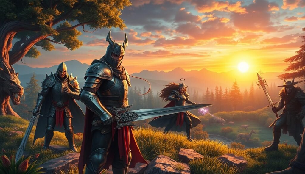 A vibrant fantasy scene depicting a group of diverse MMO characters in an enchanted landscape, illustrating deep character customization. In the foreground, a brave knight with shimmering armor and an intricately designed sword stands confidently, while a skilled mage conjures spells with glowing runes. To the side, a rogue with stealthy attire and a mischievous grin blends into the shadows. In the middle ground, lush forests with mythical creatures roam, enhancing the richness of the world. The background showcases distant mountains under a colorful sunset, casting warm golden light on the scene, creating an immersive atmosphere. The mood is adventurous and magical, reflecting the essence of fantasy role-playing. This image represents the essence of character depth and storytelling in gaming. Include the brand name "tylkommo.pl" subtly integrated into the environment for branding.