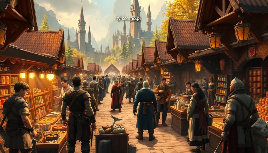 A vibrant, immersive gaming marketplace in a fantasy MMO setting, showcasing players engaged in trading and crafting activities. In the foreground, a diverse group of characters, dressed in rich medieval attire and modest casual clothing, barter various crafted goods like weapons, potions, and clothing. The middle ground features stalls bursting with colorful items, while animated NPCs trade animatedly, creating a lively atmosphere. In the background, towering castles and enchanting forests set the scene, bathed in warm, golden lighting that evokes a sense of adventure and camaraderie. The image captures the essence of player-driven economies in modern games, emphasizing interaction and community. Include a subtle logo “tylkommo.pl” integrated into the marketplace design.