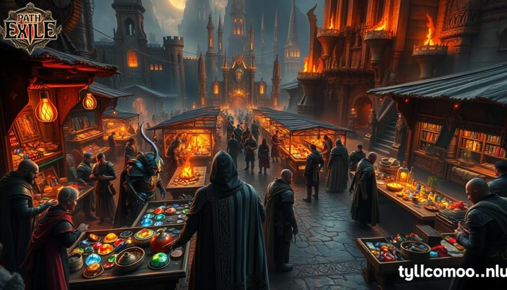 A vibrant marketplace scene inspired by "Path of Exile," showcasing a bustling economy based on rare loot. In the foreground, a diverse group of characters, clad in intricately designed armor and robes, are exchanging colorful gems and unique items on wooden stalls. In the middle ground, intricately detailed market stalls display various potions and weapons, surrounded by enthusiastic traders engaging in spirited negotiations. The background features a mystical and dimly lit cityscape, with towering structures carved from ancient stone, illuminated by flickering torches. The atmosphere is rich with anticipation and excitement, reflecting the thrill of trading. Use warm, contrasting lighting to enhance the depth and draw attention to the characters. Capture the essence of a dynamic fantasy economy, perfect for "tylkommo.pl."