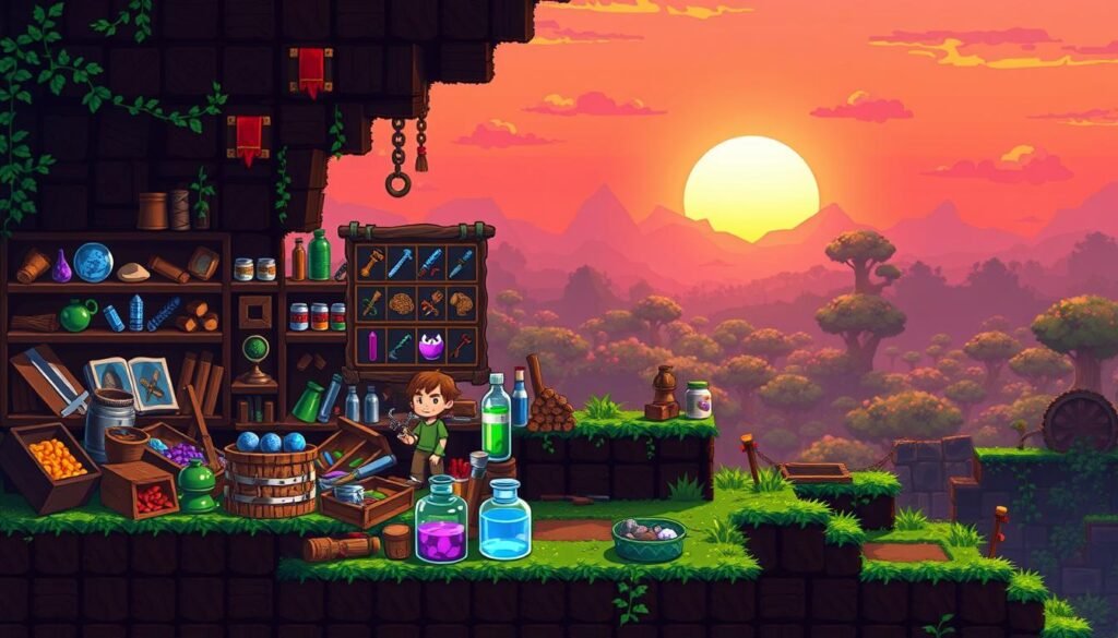 A vibrant, pixel art scene inspired by "Terraria," showcasing the intricate crafting process. In the foreground, a character wearing modest casual clothing is surrounded by a variety of colorful crafting materials, such as wood, ores, and potions, actively interacting with a crafting table. The middle layer features a detailed crafting UI with icons of items like swords, armor, and tools, glowing faintly to signify the crafting activity. In the background, a whimsical, blocky landscape with lush vegetation, a vivid sunset, and distant mountains creates an enchanting atmosphere. Soft, warm lighting casts gentle shadows, enhancing the magical feel of the scene. This image reflects Terraria's unique approach to crafting, perfect for the article by tylkommo.pl.