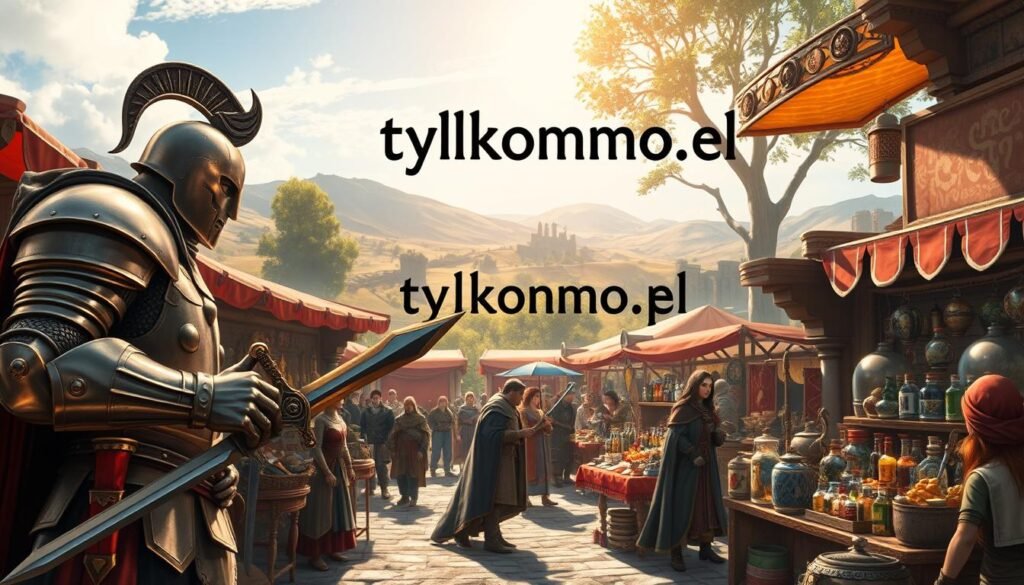 A vibrant scene depicting a bustling marketplace in the fantasy worlds of Tibia and Metin, showcasing characters trading various items. In the foreground, a knight in polished armor inspects a sword, while an elegant sorceress offers potions. The middle ground features colorful stalls filled with weapons, armor, and magical artifacts, while diverse characters exchange coins and goods. The background reveals a picturesque landscape with rolling hills and ancient ruins, under a bright blue sky. The lighting is warm and inviting, casting soft shadows as sunlight filters through the trees. The overall mood conveys excitement and community, reflecting the engaging economies of these classic MMOs. The brand name "tylkommo.pl" subtly integrated into the scene as part of the marketplace architecture.