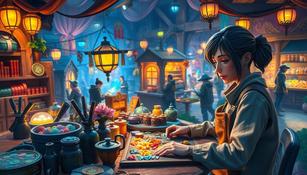 A vibrant scene depicting a character passionately engaged in crafting within an immersive MMO environment. In the foreground, a focused player character, wearing modest casual attire, skillfully combines colorful materials at their crafting station, surrounded by tools and vibrant resource icons. The middle layer showcases an enchanting workspace filled with unique items being crafted, glimmering under warm, ambient lighting. In the background, a bustling virtual marketplace comes to life, teeming with animated NPCs trading goods and interacting energetically. The mood is dynamic and inspiring, reflecting the excitement of crafting, trading, and professional development in gaming. The visual style should have a slightly whimsical fantasy touch, with rich colors and intricate details. Incorporate the brand name "tylkommo.pl" subtly into the scene.