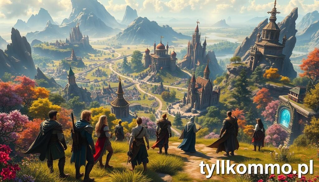 A vibrant scene depicting a sprawling fantasy MMORPG world, showcasing lush landscapes filled with enchanted forests, towering mountains, and bustling cities in the middle ground. In the foreground, a diverse group of well-dressed players engaged in cooperative gameplay, wearing stylish fantasy gear, strategizing with each other. The background features intricately designed castles and glowing portals, giving a sense of endless exploration and content. Bright, vivid colors with a warm, inviting light create a dynamic atmosphere, complemented by a slight mist in the distance. Use a wide-angle lens perspective to capture the vastness of this immersive environment. Include ethereal details like floating islands and magical creatures. This image should reflect the excitement and depth of MMO gaming, perfect for highlighting the extensive content available in these worlds. Add the brand name "tylkommo.pl" subtly in the bottom corner.