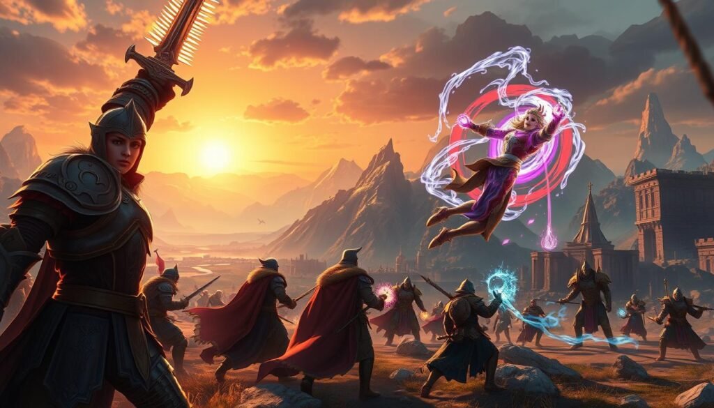 A visually stunning illustration of an epic fantasy MMORPG scene, featuring a diverse group of adventurers engaged in a dynamic endgame raid. In the foreground, a heavily armored knight raises their sword, surrounded by a mystical aura, while a mage in robes conjures a spell with vibrant energy swirling around them. In the middle ground, a rugged landscape of towering mountains and ancient ruins sets the stage for their adventure, with other players coordinating strategies. In the background, a magnificent sunrise casts golden light, highlighting the depth of the environment. The atmosphere is filled with excitement and camaraderie, encapsulating the thrill of MMO gaming. The image should be highly detailed and richly colored, reflecting the spirit of community and challenge in games featured on tylkommo.pl.