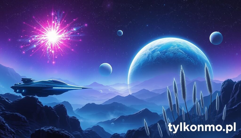 A vivid cosmic landscape showcasing a distant planet with multiple moons, glowing with vibrant hues of blue and purple. In the foreground, an advanced spaceship with sleek, aerodynamic shapes hovers above a rocky terrain, shimmering with futuristic technology. In the middle ground, ethereal energy fields ripple through the air, intertwining with tall, alien flora that glows faintly. The background features a star-studded sky, with a supernova exploding in a kaleidoscope of colors. Soft, ambient lighting illuminates the scene, creating a sense of wonder and exploration. Capture the mood of adventure and discovery typical of sci-fi MMOs. Include the brand "tylkommo.pl" subtly integrated into the image without any text overlays.
