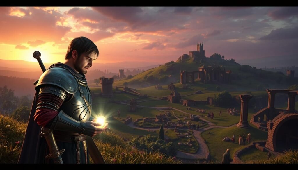 A vivid fantasy scene representing the early gameplay experience of "Dark Age of Camelot." In the foreground, a determined adventurer clad in medieval armor is examining a glowing artifact, illuminated by mystical light, with a medieval sword at their side. In the middle ground, a lush green landscape filled with ancient ruins and a quaint village bustling with NPC characters engaged in daily activities. The background features a dramatic sunset sky, casting warm hues over the horizon and shadowing a distant castle perched on a hill. The atmosphere is filled with a sense of adventure and exploration, inviting players to embark on their journey. Soft lighting enhances the magical feel of the environment, while a slight lens flare creates an ethereal glow around the artifact.
