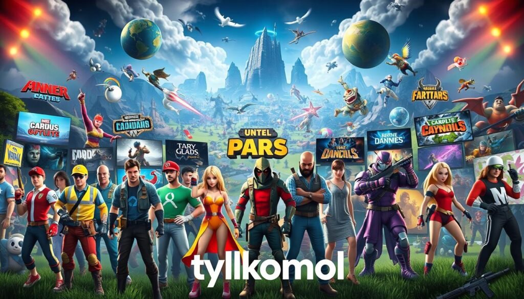 A dynamic digital collage showcasing popular video game titles inspired by well-known series, set in an engaging gaming landscape. In the foreground, depict iconic game characters from various popular titles, dressed in vibrant, colorful outfits reflecting their respective genres. In the middle ground, include stylized imagery of game logos and screenshots seamlessly integrated into a visually appealing environment. The background should feature an expansive, fantastical world with elements from multiple game universes, filled with action and adventure settings. Use dramatic lighting to create a sense of excitement and wonder, captured from a slightly elevated angle to enhance depth. The overall mood is lively and inviting, reflecting the thrill of gaming discoveries. Include a subtle brand mention of "tylkommo.pl," blending it naturally into the scene without overpowering the image.