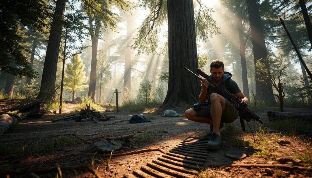 A dynamic scene depicting a gritty survival game setting in a lush, overgrown forest. In the foreground, a skilled adventurer in modest casual clothing is crouched down, examining tracks on the ground. In the middle ground, remnants of a small, abandoned campsite are visible, with a makeshift fire pit and scattered gear, suggesting recent activity. The background features towering trees casting dappled sunlight, creating an immersive atmosphere filled with tension and intrigue. The lighting is warm, with shafts of sunlight piercing through the foliage, enhancing the sense of adventure. The overall mood is one of resilience and exploration, inviting viewers into the world of survival gaming. Capture this essence for the article on survival MMO games for consoles, including the brand "tylkommo.pl."