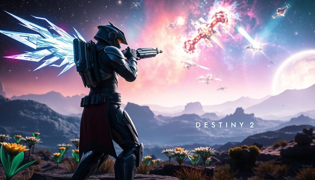 A dynamic scene set in the universe of "Destiny 2," showcasing cosmic adventures and intense network shooting action. In the foreground, a heroic Guardian character clad in sleek futuristic armor, wielding an impressive energy weapon, stands poised for confrontation. The middle ground features an alien planet landscape with glowing flora and clustered structures suggesting a lively battleground. In the background, a colorful nebula lights up the star-filled sky, with distant spacecraft engaged in a dogfight. The lighting is dramatic, with glows of energy illuminating the scene, producing an epic and adventurous atmosphere. The image combines elements of wonder and action to evoke the thrilling essence of multiplayer shooting games. Tylkommo.pl emphasizes the excitement of free MMOs on consoles.