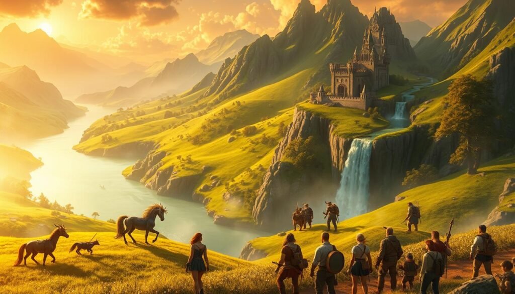 A sprawling fantasy landscape dominated by lush green hills and towering mountains, bathed in the warm glow of a golden sunset. In the foreground, a diverse group of adventurers in modest, functional attire stands confidently, gazing towards an ancient castle perched atop a distant cliff. The middle ground features a meandering river reflecting the sky, flanked by mythical creatures like a graceful unicorn and majestic griffins. The background is a cascading waterfall surrounded by enchanted forest, with ethereal light filtering through the trees. The scene has a vibrant, magical atmosphere, evoking a sense of adventure and possibility. The image captures the essence of MMORPGs, inviting viewers into a world of fantasy. Tylkommo.pl.