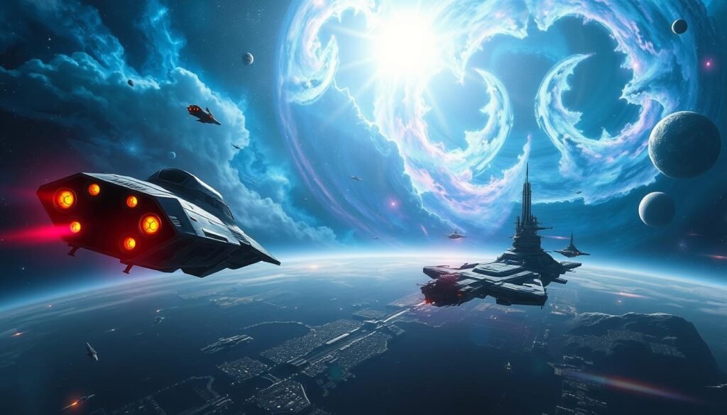 A breathtaking cosmic landscape inspired by "Eve Online," featuring a fleet of intricately designed spaceships soaring through a vibrant starfield. In the foreground, a sleek spaceship in striking colors showcases detailed graphics, casting a slight shadow. The middle ground reveals a bustling space station with glowing lights, surrounded by various spacecraft engaged in trade. In the background, majestic nebulae swirl in vivid blues and purples, with distant worlds visible. The scene is illuminated by a radiant sun, casting an ethereal glow across the expanse, enhancing the sense of scale. The mood is adventurous and awe-inspiring, capturing the endless possibilities of space exploration. This image should reflect the theme of interstellar connection and the vastness of the universe, suitable for an article on gaming. Created for tylkommo.pl.