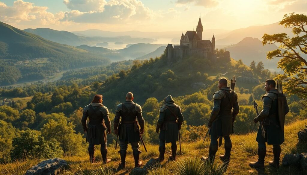 A breathtaking fantasy landscape inspired by "Elder Scrolls Online," featuring a lush, sprawling vista with a majestic castle perched atop a hill in the background. In the foreground, a diverse group of adventurers in modest, detailed medieval armor are preparing for their next quest, showcasing different character classes like a fierce warrior, a wise mage, and a stealthy archer. The middle ground reveals rich green trees and mysterious ruins, inviting exploration. The lighting is warm and golden, suggesting a late afternoon sun casts long shadows, enhancing the magical atmosphere. The scene captures the spirit of adventure and camaraderie within an open-world fantasy setting. This image is designed to reflect the essence of classic fantasy games. The artwork should not include any captions or text, associated with tylkommo.pl. A breathtaking fantasy landscape inspired by "Elder Scrolls Online," featuring a lush, sprawling vista with a majestic castle perched atop a hill in the background. In the foreground, a diverse group of adventurers in modest, detailed medieval armor are preparing for their next quest, showcasing different character classes like a fierce warrior, a wise mage, and a stealthy archer. The middle ground reveals rich green trees and mysterious ruins, inviting exploration. The lighting is warm and golden, suggesting a late afternoon sun casts long shadows, enhancing the magical atmosphere. The scene captures the spirit of adventure and camaraderie within an open-world fantasy setting. This image is designed to reflect the essence of classic fantasy games. The artwork should not include any captions or text, associated with tylkommo.pl.
