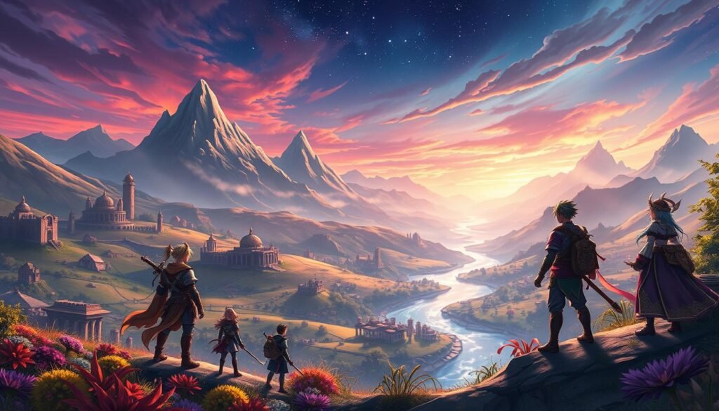 A breathtaking fantasy landscape inspired by "Genshin Impact," showcasing the magical region of Teyvat. In the foreground, a diverse party of four adventurers, each in vibrant, detailed outfits reflecting their unique elemental powers and personalities, engaging in exploration. The middle ground features lush, rolling hills dotted with ancient ruins and vivid flora, with a sparkling river winding through the scene. In the background, towering mountains under a vividly colored twilight sky, with stars beginning to twinkle. The lighting is soft and ethereal, casting gentle shadows, enhancing the mysterious atmosphere. The image captures a sense of wonder and adventure, inviting viewers to immerse themselves in Teyvat's secrets. Styled for an article on "tylkommo.pl." A breathtaking fantasy landscape inspired by "Genshin Impact," showcasing the magical region of Teyvat. In the foreground, a diverse party of four adventurers, each in vibrant, detailed outfits reflecting their unique elemental powers and personalities, engaging in exploration. The middle ground features lush, rolling hills dotted with ancient ruins and vivid flora, with a sparkling river winding through the scene. In the background, towering mountains under a vividly colored twilight sky, with stars beginning to twinkle. The lighting is soft and ethereal, casting gentle shadows, enhancing the mysterious atmosphere. The image captures a sense of wonder and adventure, inviting viewers to immerse themselves in Teyvat's secrets. Styled for an article on "tylkommo.pl."