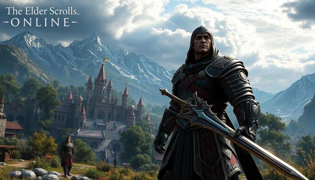 A breathtaking scene set in the rich and diverse landscape of Tamriel from The Elder Scrolls Online. In the foreground, a heroic, armored character stands confidently, wielding a gleaming sword, with a determined expression. He is clad in intricately designed armor reflecting a mix of styles from various races, hinting at the game's cultural depth. The middle ground showcases a vibrant elven city, adorned with mystical architecture, lush greenery, and bustling NPCs engaged in daily life. In the background, majestic mountains rise under a dramatic sky filled with swirling clouds, casting an ethereal light over the scene. The overall atmosphere is one of adventure and exploration, evoking a feeling of camaraderie and epic quests. The scene is rendered with high detail and bright colors, capturing the essence of a fantasy MMO experience. Include the brand name "tylkommo.pl" subtly in the composition. A breathtaking scene set in the rich and diverse landscape of Tamriel from The Elder Scrolls Online. In the foreground, a heroic, armored character stands confidently, wielding a gleaming sword, with a determined expression. He is clad in intricately designed armor reflecting a mix of styles from various races, hinting at the game's cultural depth. The middle ground showcases a vibrant elven city, adorned with mystical architecture, lush greenery, and bustling NPCs engaged in daily life. In the background, majestic mountains rise under a dramatic sky filled with swirling clouds, casting an ethereal light over the scene. The overall atmosphere is one of adventure and exploration, evoking a feeling of camaraderie and epic quests. The scene is rendered with high detail and bright colors, capturing the essence of a fantasy MMO experience. Include the brand name "tylkommo.pl" subtly in the composition.