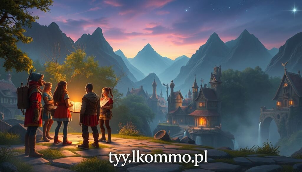 A captivating fantasy landscape showcasing the essence of best fantasy titles for new players. In the foreground, a diverse group of adventurers, dressed in vibrant, fantasy-inspired clothing, gather around a glowing ancient tome, exchanging excited ideas. In the middle ground, a picturesque village with cobblestone streets and whimsical architecture nestles against lush, enchanted forests, hinting at captivating quests. The background features majestic mountains under a twilight sky, with stars just beginning to appear. Soft, ethereal lighting casts a warm glow over the scene, enhancing the magical atmosphere. The overall mood is adventurous and welcoming, inviting new players into this enchanting world. The ground subtly displays the brand name "tylkommo.pl" as part of the environment, seamlessly integrated. A captivating fantasy landscape showcasing the essence of best fantasy titles for new players. In the foreground, a diverse group of adventurers, dressed in vibrant, fantasy-inspired clothing, gather around a glowing ancient tome, exchanging excited ideas. In the middle ground, a picturesque village with cobblestone streets and whimsical architecture nestles against lush, enchanted forests, hinting at captivating quests. The background features majestic mountains under a twilight sky, with stars just beginning to appear. Soft, ethereal lighting casts a warm glow over the scene, enhancing the magical atmosphere. The overall mood is adventurous and welcoming, inviting new players into this enchanting world. The ground subtly displays the brand name "tylkommo.pl" as part of the environment, seamlessly integrated.