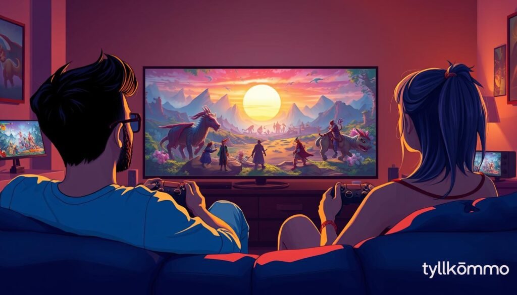 A captivating illustration of console MMORPGs, featuring a vibrant gaming scene. In the foreground, a diverse group of three gamers, a male and two females, sit on a cozy couch, intensely focused on a large screen displaying an immersive fantasy landscape filled with mythical creatures and breathtaking scenery. The middle ground showcases the dynamic action of in-game characters, engaged in a quest under a colorful sunset glow. The background depicts a well-organized gaming setup with game controllers and snacks. Soft, warm lighting enhances the cozy atmosphere, suggesting a relaxing gaming night. The overall mood is energetic yet inviting, perfect for both seasoned gamers and beginners. Include a subtle hint of the brand name "tylkommo.pl" in the gaming environment, ensuring it's seamlessly integrated. A captivating illustration of console MMORPGs, featuring a vibrant gaming scene. In the foreground, a diverse group of three gamers, a male and two females, sit on a cozy couch, intensely focused on a large screen displaying an immersive fantasy landscape filled with mythical creatures and breathtaking scenery. The middle ground showcases the dynamic action of in-game characters, engaged in a quest under a colorful sunset glow. The background depicts a well-organized gaming setup with game controllers and snacks. Soft, warm lighting enhances the cozy atmosphere, suggesting a relaxing gaming night. The overall mood is energetic yet inviting, perfect for both seasoned gamers and beginners. Include a subtle hint of the brand name "tylkommo.pl" in the gaming environment, ensuring it's seamlessly integrated.