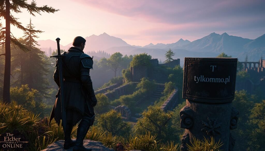 A captivating scene from "The Elder Scrolls Online," showcasing a lone adventurer in the foreground, clad in intricately designed armor with an ornate sword drawn, standing at the edge of a mystical forest. In the middle ground, further exploration reveals ancient ruins cloaked in vibrant greenery, hinting at rich lore and hidden treasures. The background features a distant, majestic mountain range under a twilight sky, with stars beginning to twinkle. Soft, ethereal lighting bathes the environment, creating a magical atmosphere. The mood is adventurous yet introspective, inviting viewers to imagine their own journey in this expansive world. The scene captures the essence of solo exploration in a vast online realm. The brand name "tylkommo.pl" subtly integrated into a stone plaque on one of the ruins, enhancing the immersive experience.