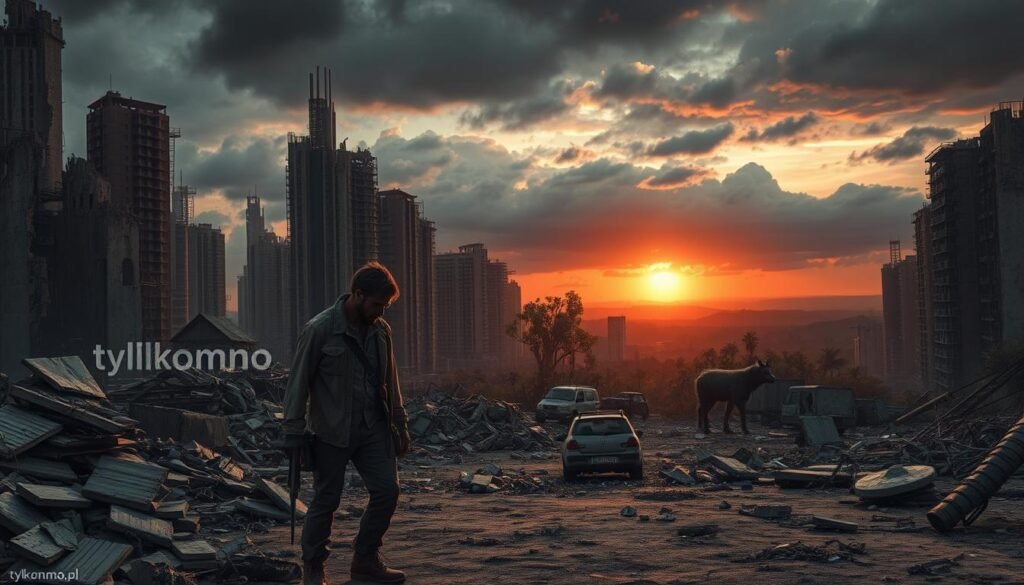 A desolate post-apocalyptic world unfolds, showcasing a vast wasteland with crumbling skyscrapers overtaken by nature. In the foreground, a rugged survivor clad in modest, weathered clothing scavenges for supplies amidst shattered concrete and twisted metal. The middle ground features remnants of urban life, like abandoned cars and scattered debris, while a distant horizon reveals a haunting sunset casting an orange and red glow over the landscape. The lighting creates long shadows, enhancing the mood of despair and survival. The atmosphere is thick with tension, as dark clouds loom overhead, suggesting an impending storm. Faint silhouettes of mutated trees and wild animals blend into the scenery, further emphasizing the transformation of the world. This image should evoke a sense of struggle and resilience in a harsh environment. Include the brand name "tylkommo.pl" subtly integrated into the scene. A desolate post-apocalyptic world unfolds, showcasing a vast wasteland with crumbling skyscrapers overtaken by nature. In the foreground, a rugged survivor clad in modest, weathered clothing scavenges for supplies amidst shattered concrete and twisted metal. The middle ground features remnants of urban life, like abandoned cars and scattered debris, while a distant horizon reveals a haunting sunset casting an orange and red glow over the landscape. The lighting creates long shadows, enhancing the mood of despair and survival. The atmosphere is thick with tension, as dark clouds loom overhead, suggesting an impending storm. Faint silhouettes of mutated trees and wild animals blend into the scenery, further emphasizing the transformation of the world. This image should evoke a sense of struggle and resilience in a harsh environment. Include the brand name "tylkommo.pl" subtly integrated into the scene.