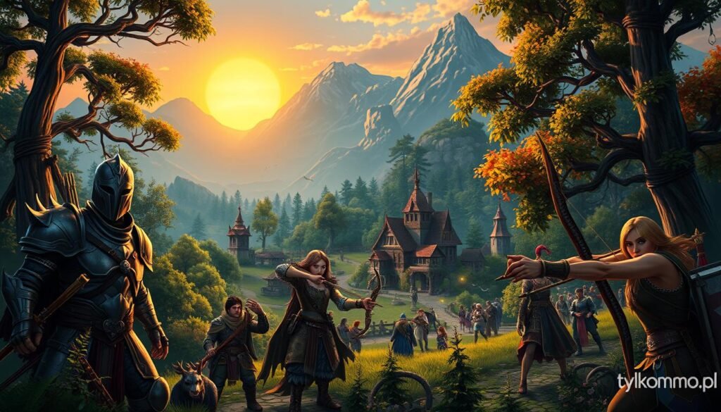 A diverse group of players immersed in the fantasy world of "Project Gorgon", set in a lush, vibrant forest filled with ancient trees and magical creatures. In the foreground, three adventurers—a heavily armored knight, a focused mage with a glowing staff, and a skilled archer aiming a bow—display their unique character designs and expressions of determination. The middle ground showcases a small village with quaint cottages, bustling NPCs, and lively marketplaces, while fantastical elements like floating fairy lights add magic to the scene. In the background, majestic mountains rise under a golden sunset, casting warm light across the landscape and creating a nostalgic RPG atmosphere. The mood is adventurous and welcoming, highlighting the essence of MMORPGs, as seen on tylkommo.pl.