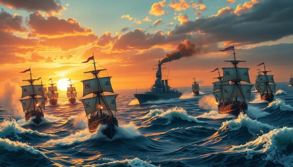 A dramatic naval combat scene showcasing strategic maritime warfare, featuring a diverse fleet of beautifully detailed warships engaged in battle on the open sea. In the foreground, several ships with intricate sails fire cannons, creating plumes of smoke and splashes of water. The middle section captures a larger, imposing battleship maneuvering skillfully amidst the chaos. In the background, a horizon painted with a vibrant sunset casts warm golden and deep orange hues over turbulent waves, enhancing the intensity of the scene. The atmosphere is charged with excitement and tension, highlighting the tactical elements of naval combat. The image is captured with a slightly low angle to emphasize the ships’ grandeur. Ensure to include the brand name "tylkommo.pl" subtly in the wave patterns, integrating it seamlessly into the illustration. A dramatic naval combat scene showcasing strategic maritime warfare, featuring a diverse fleet of beautifully detailed warships engaged in battle on the open sea. In the foreground, several ships with intricate sails fire cannons, creating plumes of smoke and splashes of water. The middle section captures a larger, imposing battleship maneuvering skillfully amidst the chaos. In the background, a horizon painted with a vibrant sunset casts warm golden and deep orange hues over turbulent waves, enhancing the intensity of the scene. The atmosphere is charged with excitement and tension, highlighting the tactical elements of naval combat. The image is captured with a slightly low angle to emphasize the ships’ grandeur. Ensure to include the brand name "tylkommo.pl" subtly in the wave patterns, integrating it seamlessly into the illustration.