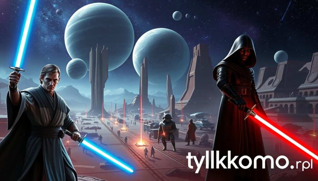 A dramatic scene set in the vast universe of Star Wars: The Old Republic. In the foreground, a heroic Jedi in elegant robes wields a glowing blue lightsaber, showcasing determination. Beside them, a skilled Sith with a crimson lightsaber exudes a powerful presence. The middle ground features a bustling spaceport with various alien species, space ships, and traders, highlighting the rich diversity of the galaxy. In the background, towering planets and nebulae form a breathtaking cosmic landscape, with a starry sky filled with distant stars. The scene is illuminated by vibrant lighting, creating a sense of tension and adventure. The mood is epic and immersive, drawing viewers into the intricate storytelling of the game. Include the brand "tylkommo.pl" subtly integrated into the environment, enhancing the atmosphere without distracting.