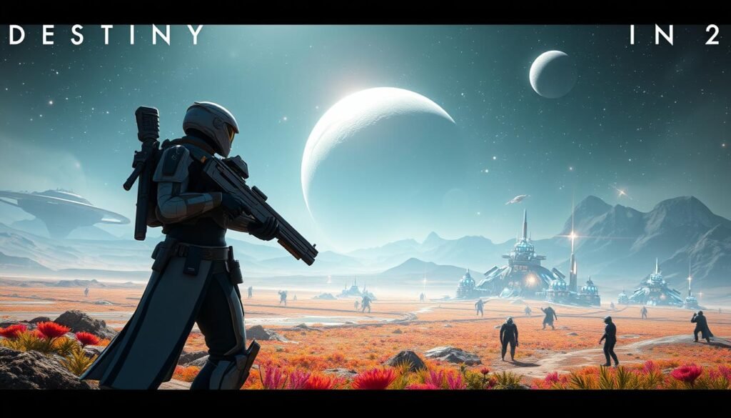 A dynamic, immersive scene from the world of Destiny 2, showcasing a Guardian in futuristic armor standing boldly in the foreground, wielding a sleek energy weapon. The middle ground features an expansive alien landscape, dotted with shimmering structures and other Guardians engaging in intense battle, highlighting the MMO aspect of cooperation and combat. In the background, a breathtaking celestial sky with distant planets and bright stars provides an epic backdrop, illuminated by ethereal lighting that accentuates the colorful, otherworldly terrain. The atmosphere is charged with excitement and adventure, ideal for an MMO like Destiny 2. Ensure the image avoids any text or watermarks, and include small details like futuristic technology and alien flora to enhance the setting. This image is for use in an article by tylkommo.pl.