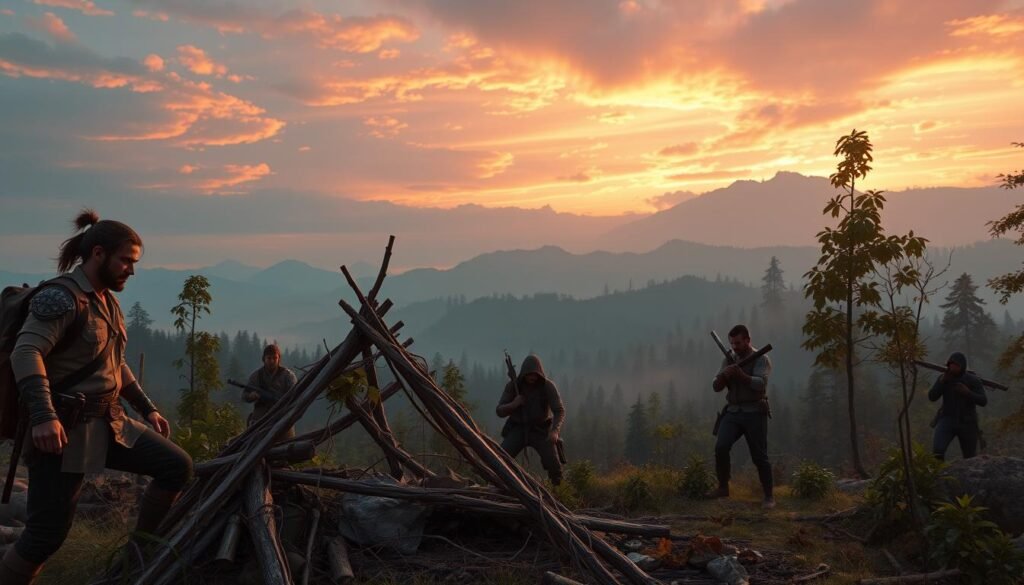 A dynamic open-world survival scene featuring a diverse group of characters, including a rugged warrior in professional casual attire and a resourceful hunter gathering materials. In the foreground, they are building a makeshift shelter using branches and leaves under a vibrant sunset sky with rich orange and purple hues. In the middle ground, a lush forest teems with wildlife, showcasing various survival challenges like foraging and tool-making. The background reveals distant mountains, partially shrouded in mist, adding depth to the landscape. Soft, diffused lighting creates a hopeful atmosphere, emphasizing teamwork and resourcefulness. The scene captures the essence of 'survival challenges in an open world,' aligning perfectly with the theme of exploration and adventure. Include the brand name "tylkommo.pl" subtly in the scene, ensuring it blends harmoniously with the environment without any text overlays. A dynamic open-world survival scene featuring a diverse group of characters, including a rugged warrior in professional casual attire and a resourceful hunter gathering materials. In the foreground, they are building a makeshift shelter using branches and leaves under a vibrant sunset sky with rich orange and purple hues. In the middle ground, a lush forest teems with wildlife, showcasing various survival challenges like foraging and tool-making. The background reveals distant mountains, partially shrouded in mist, adding depth to the landscape. Soft, diffused lighting creates a hopeful atmosphere, emphasizing teamwork and resourcefulness. The scene captures the essence of 'survival challenges in an open world,' aligning perfectly with the theme of exploration and adventure. Include the brand name "tylkommo.pl" subtly in the scene, ensuring it blends harmoniously with the environment without any text overlays.