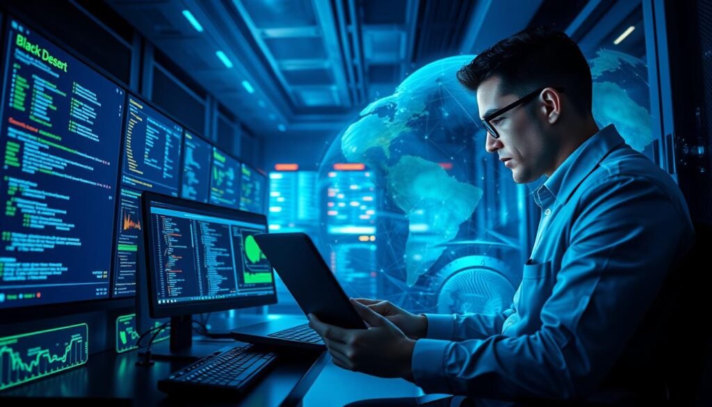 A dynamic scene capturing the essence of "game optimization" in a technical context. In the foreground, a focused software engineer, dressed in professional business attire, analyzes complex algorithms on a sleek laptop, surrounded by multiple screens displaying code, graphs, and performance metrics. In the middle ground, a high-tech server room filled with glowing servers and digital displays showcases the intricate infrastructure of MMORPG systems. Dim, cool lighting emphasizes the seriousness of the environment, while blue and green hues dominate the color palette, enhancing a futuristic atmosphere. In the background, abstract representations of game worlds from Black Desert and Throne and Liberty intertwine, symbolizing contrasting approaches to MMORPG design. This image embodies the technical aspects and business models of modern gaming, suitable for an article on gaming comparisons. Tylkommo.pl. A dynamic scene capturing the essence of "game optimization" in a technical context. In the foreground, a focused software engineer, dressed in professional business attire, analyzes complex algorithms on a sleek laptop, surrounded by multiple screens displaying code, graphs, and performance metrics. In the middle ground, a high-tech server room filled with glowing servers and digital displays showcases the intricate infrastructure of MMORPG systems. Dim, cool lighting emphasizes the seriousness of the environment, while blue and green hues dominate the color palette, enhancing a futuristic atmosphere. In the background, abstract representations of game worlds from Black Desert and Throne and Liberty intertwine, symbolizing contrasting approaches to MMORPG design. This image embodies the technical aspects and business models of modern gaming, suitable for an article on gaming comparisons. Tylkommo.pl.