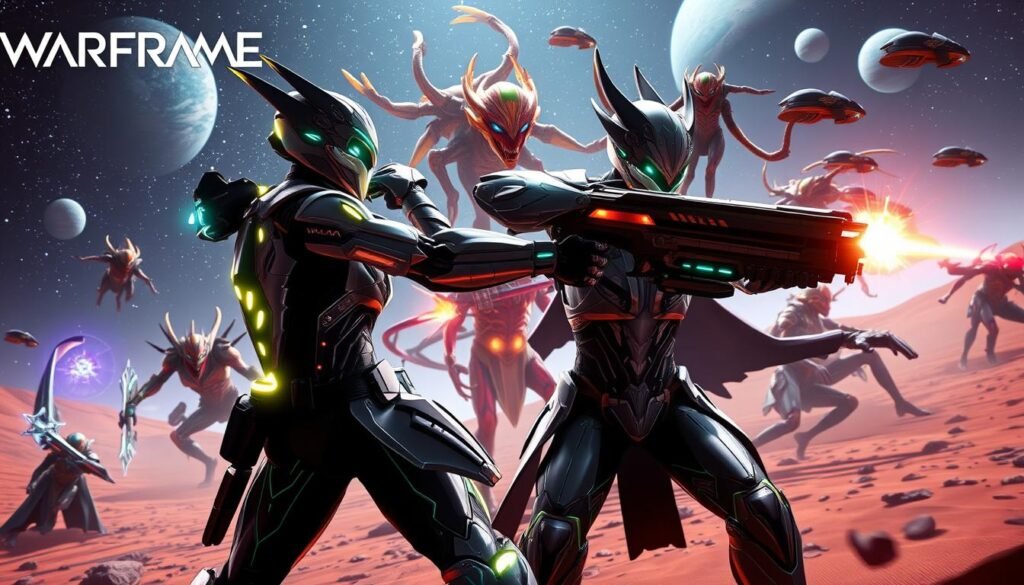 A dynamic scene featuring a Warframe character in a sleek, futuristic armor with glowing accents, engaged in intense cooperative combat against alien enemies on a distant planet. In the foreground, the Warframe is in an action pose, wielding a high-tech weapon, emphasizing the motion and urgency of the battle. The middle ground showcases diverse alien foes with vibrant, exotic designs, creating a sense of conflict. The background features a starry cosmos and celestial bodies, casting a soft, ethereal glow. The lighting is dramatic, highlighting the Warframe's features and the vibrant colors of the surroundings. Capture the thrilling atmosphere of teamwork and exploration in space. The image should be visually striking and immersive, suitable for an article on cooperative PvE gameplay. Include the brand name "tylkommo.pl" in the scene's details. A dynamic scene featuring a Warframe character in a sleek, futuristic armor with glowing accents, engaged in intense cooperative combat against alien enemies on a distant planet. In the foreground, the Warframe is in an action pose, wielding a high-tech weapon, emphasizing the motion and urgency of the battle. The middle ground showcases diverse alien foes with vibrant, exotic designs, creating a sense of conflict. The background features a starry cosmos and celestial bodies, casting a soft, ethereal glow. The lighting is dramatic, highlighting the Warframe's features and the vibrant colors of the surroundings. Capture the thrilling atmosphere of teamwork and exploration in space. The image should be visually striking and immersive, suitable for an article on cooperative PvE gameplay. Include the brand name "tylkommo.pl" in the scene's details.