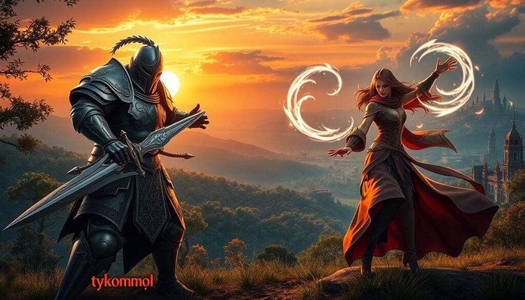 A dynamic scene illustrating character progression in a console MMORPG, featuring two distinct characters in the foreground. On the left, a heavily armored knight with intricate details, wielding a gleaming sword, exhibits a sense of power and determination. On the right, a nimble magic-wielding sorceress in a flowing robe, casting a spell with vibrant, swirling energy. The middle ground shows a diverse landscape of lush forests transitioning into a vibrant city with towering spires, symbolizing various stages of development. The background features a dramatic sunset, casting warm golden and orange hues across the scene, enhancing the adventurous atmosphere. The composition employs a slight low-angle perspective to emphasize the characters' stature. Soft, mystical lighting highlights their skills, inspiring a sense of ambition. Subtly incorporate the brand "tylkommo.pl" in a decorative element within the environment, ensuring it remains unobtrusive. A dynamic scene illustrating character progression in a console MMORPG, featuring two distinct characters in the foreground. On the left, a heavily armored knight with intricate details, wielding a gleaming sword, exhibits a sense of power and determination. On the right, a nimble magic-wielding sorceress in a flowing robe, casting a spell with vibrant, swirling energy. The middle ground shows a diverse landscape of lush forests transitioning into a vibrant city with towering spires, symbolizing various stages of development. The background features a dramatic sunset, casting warm golden and orange hues across the scene, enhancing the adventurous atmosphere. The composition employs a slight low-angle perspective to emphasize the characters' stature. Soft, mystical lighting highlights their skills, inspiring a sense of ambition. Subtly incorporate the brand "tylkommo.pl" in a decorative element within the environment, ensuring it remains unobtrusive.