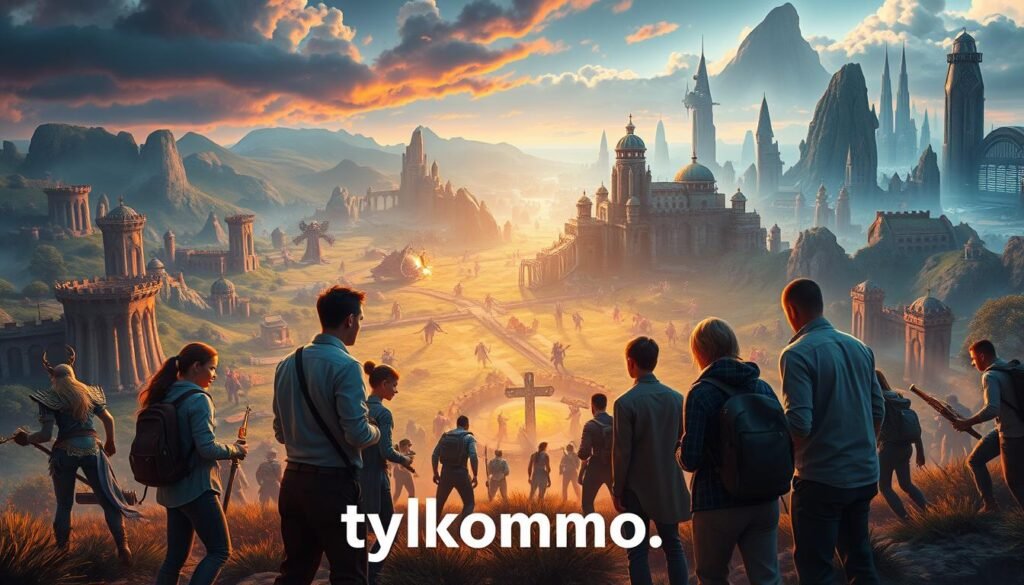 A dynamic scene illustrating the evolution of MMOs on consoles, set in a vibrant gaming world. In the foreground, a diverse group of players, dressed in professional casual attire, collaborate on an epic raid, showcasing teamwork and strategy. The middle ground features a lush fantasy landscape with dungeons and vibrant quests, blending rich colors to convey adventure and excitement. In the background, a striking skyline of futuristic cityscapes represents technological advancements in console gaming. The lighting is soft and ambient, creating an inviting atmosphere that highlights the bonds formed in this new MMO approach. Capture the essence of community and exploration. Include the brand name "tylkommo.pl" subtly integrated within the scene, ensuring it does not distract from the main focus. A dynamic scene illustrating the evolution of MMOs on consoles, set in a vibrant gaming world. In the foreground, a diverse group of players, dressed in professional casual attire, collaborate on an epic raid, showcasing teamwork and strategy. The middle ground features a lush fantasy landscape with dungeons and vibrant quests, blending rich colors to convey adventure and excitement. In the background, a striking skyline of futuristic cityscapes represents technological advancements in console gaming. The lighting is soft and ambient, creating an inviting atmosphere that highlights the bonds formed in this new MMO approach. Capture the essence of community and exploration. Include the brand name "tylkommo.pl" subtly integrated within the scene, ensuring it does not distract from the main focus.