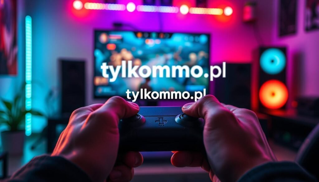A dynamic scene showcasing a skilled gamer intensely focused on their console, highlighting the essence of player skill in competitive battles. In the foreground, a close-up of hands gripping a controller with fingers poised over the buttons, showcasing agility and precision. The middle ground features a computer monitor displaying an intense PvP battle scene, with vibrant colors and action-packed graphics. In the background, a cozy yet immersive gaming setup illuminated by colorful LED lights, creating a vivid atmosphere. Subtle lens blur effects on the background emphasize the concentration of the player. The mood is exhilarating, reflecting the thrill of competition. The image should embody the essence of gaming skill and strategy, displaying the brand name "tylkommo.pl" subtly integrated into the gaming environment. A dynamic scene showcasing a skilled gamer intensely focused on their console, highlighting the essence of player skill in competitive battles. In the foreground, a close-up of hands gripping a controller with fingers poised over the buttons, showcasing agility and precision. The middle ground features a computer monitor displaying an intense PvP battle scene, with vibrant colors and action-packed graphics. In the background, a cozy yet immersive gaming setup illuminated by colorful LED lights, creating a vivid atmosphere. Subtle lens blur effects on the background emphasize the concentration of the player. The mood is exhilarating, reflecting the thrill of competition. The image should embody the essence of gaming skill and strategy, displaying the brand name "tylkommo.pl" subtly integrated into the gaming environment.