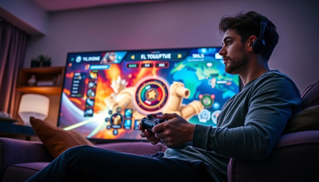 A gamer seated on a comfortable sofa, intensely engaged with a gaming console, surrounded by a vibrant, colorful interface displaying various MMORPG features. In the foreground, the gamer, dressed in casual yet stylish clothing, holds a game controller with focused determination on their face. The middle layer features a large, dynamic screen showcasing an immersive MMORPG interface, highlighting character skills, inventory items, and world maps. The background illustrates a cozy living room atmosphere with dim, ambient lighting emphasizing the screen glow, creating an inviting yet electrifying setting. The mood captures the thrill and challenge of gaming, reflecting "tylkommo.pl" as a significant aspect of the gaming world. A gamer seated on a comfortable sofa, intensely engaged with a gaming console, surrounded by a vibrant, colorful interface displaying various MMORPG features. In the foreground, the gamer, dressed in casual yet stylish clothing, holds a game controller with focused determination on their face. The middle layer features a large, dynamic screen showcasing an immersive MMORPG interface, highlighting character skills, inventory items, and world maps. The background illustrates a cozy living room atmosphere with dim, ambient lighting emphasizing the screen glow, creating an inviting yet electrifying setting. The mood captures the thrill and challenge of gaming, reflecting "tylkommo.pl" as a significant aspect of the gaming world.