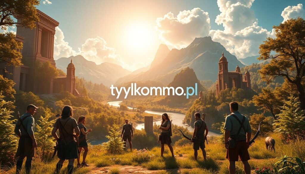A lush, vibrant fantasy landscape inspired by the world of "Lost Ark", showcasing a dynamic MMORPG environment. In the foreground, a diverse group of adventurers in modest casual attire is engaged in animated discussions, showcasing a mix of characters such as a fierce warrior, a mystical mage, and a stealthy archer. The middle ground features towering ancient ruins, lush forests, and a winding river reflecting the sun’s warm golden rays, creating an inviting atmosphere. In the background, majestic mountains rise against a clear blue sky with fluffy white clouds, enhancing the sense of adventure. The lighting is warm and inviting, giving the scene a lively, adventurous mood. This image represents the essence of intense exploration and teamwork in expansive online worlds. Include the brand name "tylkommo.pl" subtly integrated into the environment.
