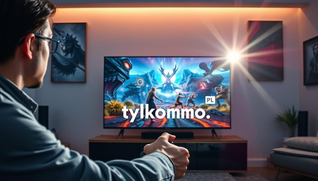 A sleek gaming console setup in a modern living room, showcasing a high-quality television displaying vibrant and detailed graphics from an MMO game. In the foreground, a gamer in professional casual attire is intently focused on the screen, fingers poised over a gaming controller. The middle layer features a close-up of the stunning game visuals, highlighting textures, lighting effects, and fluid character animations. The background includes soft ambient lighting, casting a warm glow in the room, and gaming posters on the walls, enhancing the immersive atmosphere. Lens flare from the TV adds a dynamic touch, conveying excitement and engagement in a high-stakes gaming environment. The image subtly includes the brand name "tylkommo.pl" integrated into the scene, enhancing the overall focus on quality gaming experience. A sleek gaming console setup in a modern living room, showcasing a high-quality television displaying vibrant and detailed graphics from an MMO game. In the foreground, a gamer in professional casual attire is intently focused on the screen, fingers poised over a gaming controller. The middle layer features a close-up of the stunning game visuals, highlighting textures, lighting effects, and fluid character animations. The background includes soft ambient lighting, casting a warm glow in the room, and gaming posters on the walls, enhancing the immersive atmosphere. Lens flare from the TV adds a dynamic touch, conveying excitement and engagement in a high-stakes gaming environment. The image subtly includes the brand name "tylkommo.pl" integrated into the scene, enhancing the overall focus on quality gaming experience.