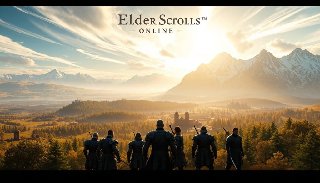 A sprawling view of Tamriel in "Elder Scrolls Online," showcasing diverse landscapes from rolling hills to snowy mountains. In the foreground, a group of adventurers clad in intricate armor, representing different races, stand confidently with weapons drawn, ready for an epic quest. The middle ground features lush forests and ancient ruins bathed in golden sunlight, enhancing the sense of adventure. In the background, towering mountains rise under a dramatic sky with wispy clouds, hinting at the vastness of the game world. The atmosphere is vibrant and mystical, evoking a sense of wonder and exploration. Render in high resolution with a cinematic angle, focusing on the depth and scale of this immersive universe. The image reflects the essence of the MMORPG experience. Tylkommo.pl.