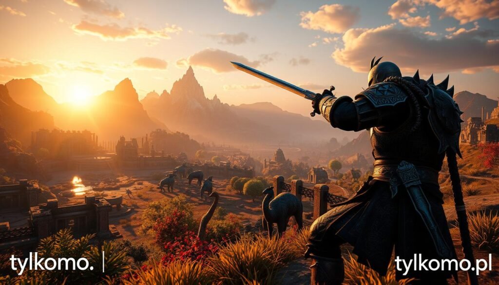 A stunning digital artwork that captures a scene from Elder Scrolls Online, set in a richly detailed fantasy world. In the foreground, a warrior clad in ornate armor is engaged in battle, showcasing dynamic movement as they wield a sword. The middle ground features a lush, vibrant landscape with ancient ruins and mystical creatures, creating a sense of adventure. In the background, towering mountains and a dramatic sunset sky cast warm, golden light, enhancing the atmosphere. The composition should evoke an epic and immersive feeling, inviting viewers to feel engaged in a grand world of exploration. The lens should give a slight depth of field effect, emphasizing the warrior while slightly blurring the distant background. The mood is adventurous and exhilarating, highlighting the excitement of gaming on consoles. Include subtle branding in the corner that says "tylkommo.pl" without dominating the image. A stunning digital artwork that captures a scene from Elder Scrolls Online, set in a richly detailed fantasy world. In the foreground, a warrior clad in ornate armor is engaged in battle, showcasing dynamic movement as they wield a sword. The middle ground features a lush, vibrant landscape with ancient ruins and mystical creatures, creating a sense of adventure. In the background, towering mountains and a dramatic sunset sky cast warm, golden light, enhancing the atmosphere. The composition should evoke an epic and immersive feeling, inviting viewers to feel engaged in a grand world of exploration. The lens should give a slight depth of field effect, emphasizing the warrior while slightly blurring the distant background. The mood is adventurous and exhilarating, highlighting the excitement of gaming on consoles. Include subtle branding in the corner that says "tylkommo.pl" without dominating the image.