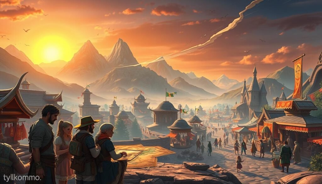 A stunning, expansive landscape of "Chrono Odyssey" featuring a blend of fantasy and reality. In the foreground, a group of diverse adventurers in modest, fantastical attire are strategizing over a glowing map, their expressions filled with determination. The middle ground showcases a vibrant, bustling marketplace with fantastical architecture, colorful banners fluttering in the wind, and NPCs engaging in lively commerce. In the background, majestic mountains rise against a twilight sky, illuminated by a golden sunset. Soft, ethereal light enhances the magical atmosphere, casting long shadows and creating depth in the scene. The composition should evoke a sense of adventure and community, inviting players into this dynamic world of exploration and collaboration. No text or logos present, but incorporate "tylkommo.pl" subtly in the environment. A stunning, expansive landscape of "Chrono Odyssey" featuring a blend of fantasy and reality. In the foreground, a group of diverse adventurers in modest, fantastical attire are strategizing over a glowing map, their expressions filled with determination. The middle ground showcases a vibrant, bustling marketplace with fantastical architecture, colorful banners fluttering in the wind, and NPCs engaging in lively commerce. In the background, majestic mountains rise against a twilight sky, illuminated by a golden sunset. Soft, ethereal light enhances the magical atmosphere, casting long shadows and creating depth in the scene. The composition should evoke a sense of adventure and community, inviting players into this dynamic world of exploration and collaboration. No text or logos present, but incorporate "tylkommo.pl" subtly in the environment.